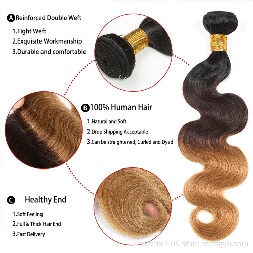 SPARK Wholesale Vendors Virgin Hair Bundles 3 Tone Color 1B 4 27 Ombre Color Hair Raw Virgin Human Hair Extension